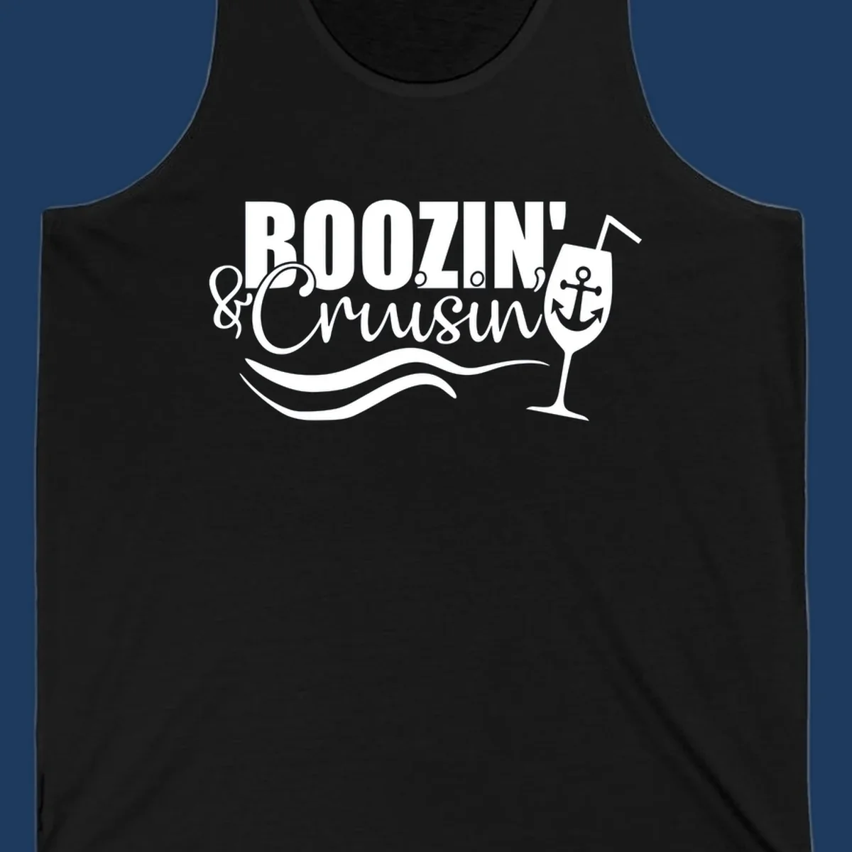 Boozin' and Cruising design with cocktail glass, anchor, and nautical waves in white on gray background