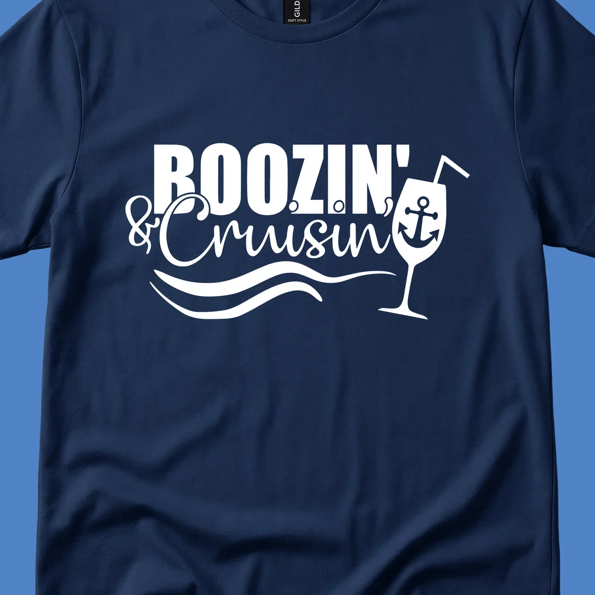 Boozin' and Cruising design with cocktail glass, anchor, and nautical waves in white on gray background