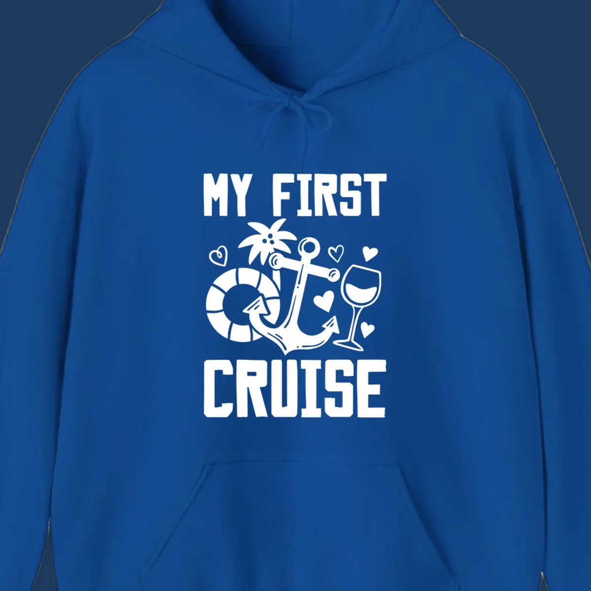 My First Cruise design with anchor, life preserver, palm tree, wine glass and hearts on gray background