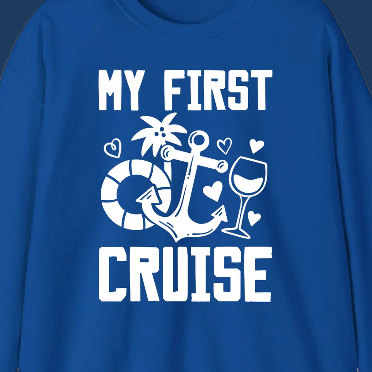 My First Cruise design with anchor, life preserver, palm tree, wine glass and hearts on gray background