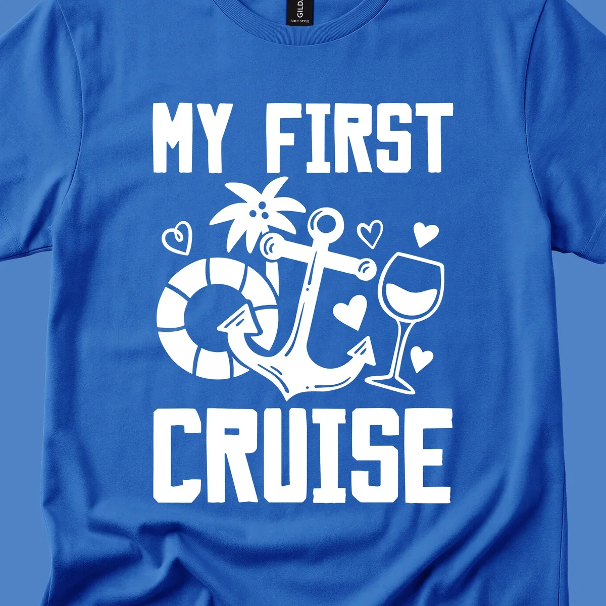 My First Cruise design with anchor, life preserver, palm tree, wine glass and hearts on gray background