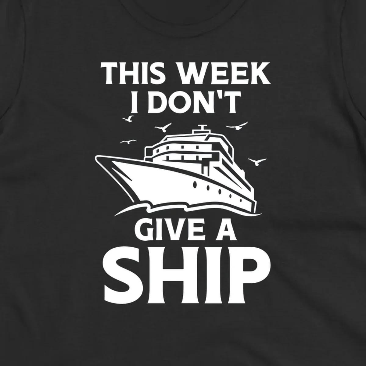 Humorous cruise ship illustration with seagulls and waves, text reads 'This Week I Don't Give A Ship'