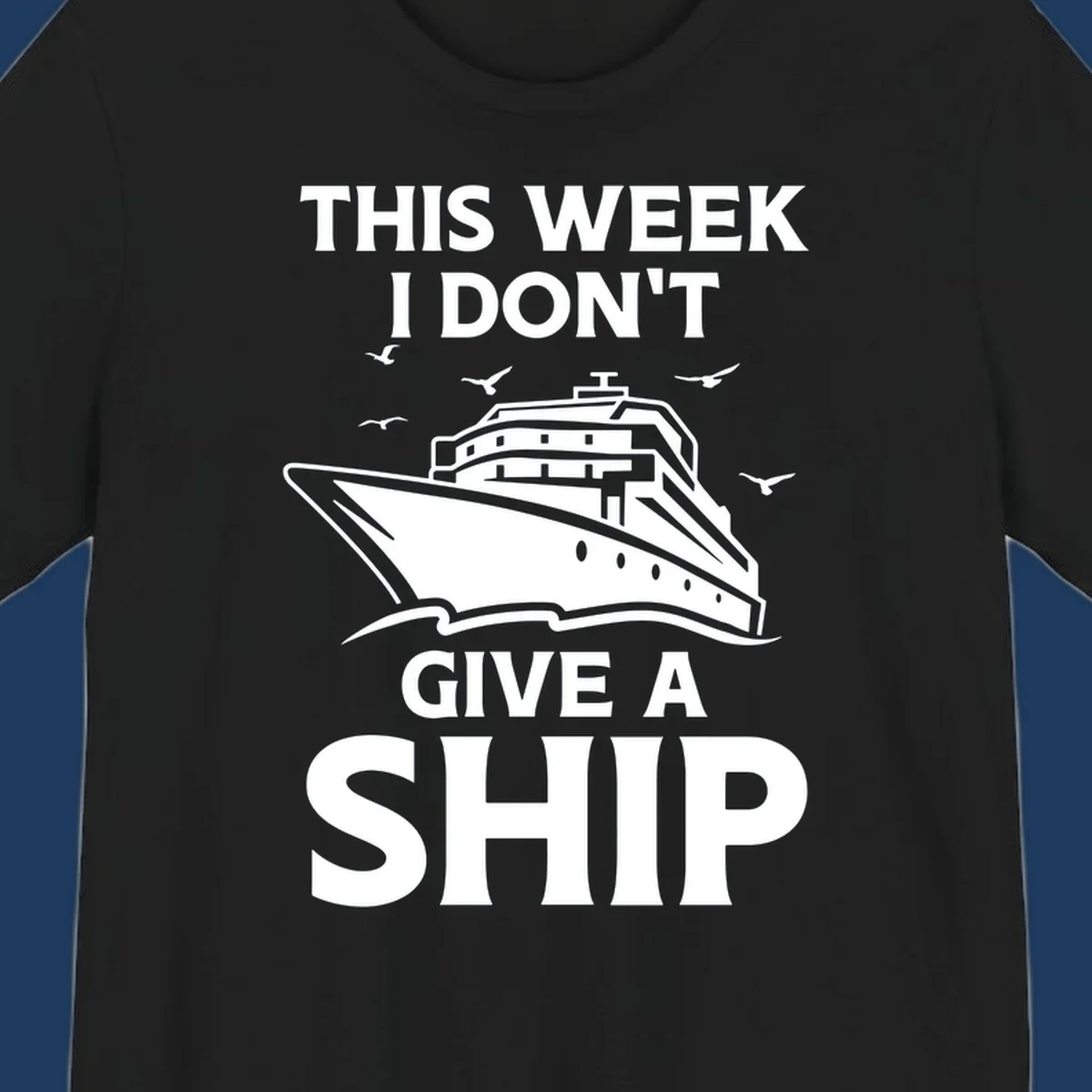 Humorous cruise ship illustration with seagulls and waves, text reads 'This Week I Don't Give A Ship'