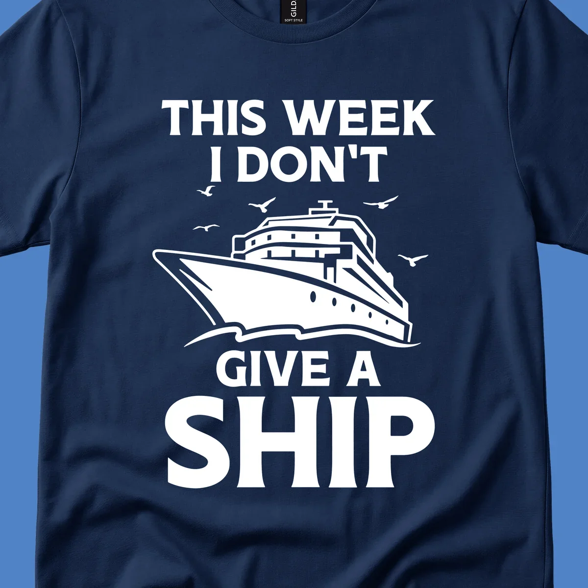 Humorous cruise ship illustration with seagulls and waves, text reads 'This Week I Don't Give A Ship'