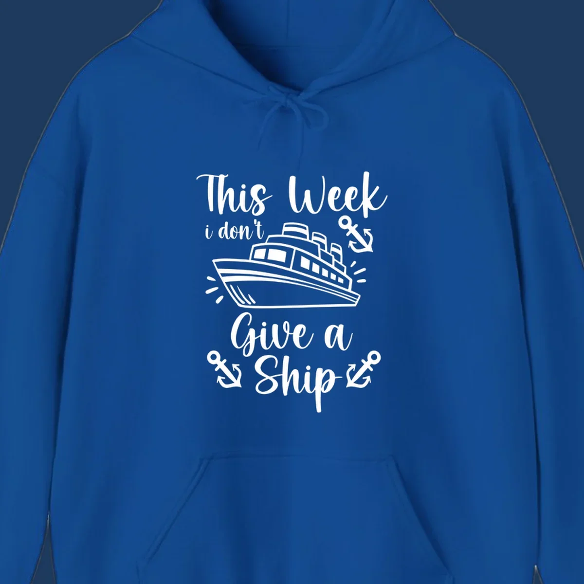 Gray and white nautical design with cruise ship and anchors, text reads 'This Week i don't Give a Ship' - don't give a ship cruise pun tee