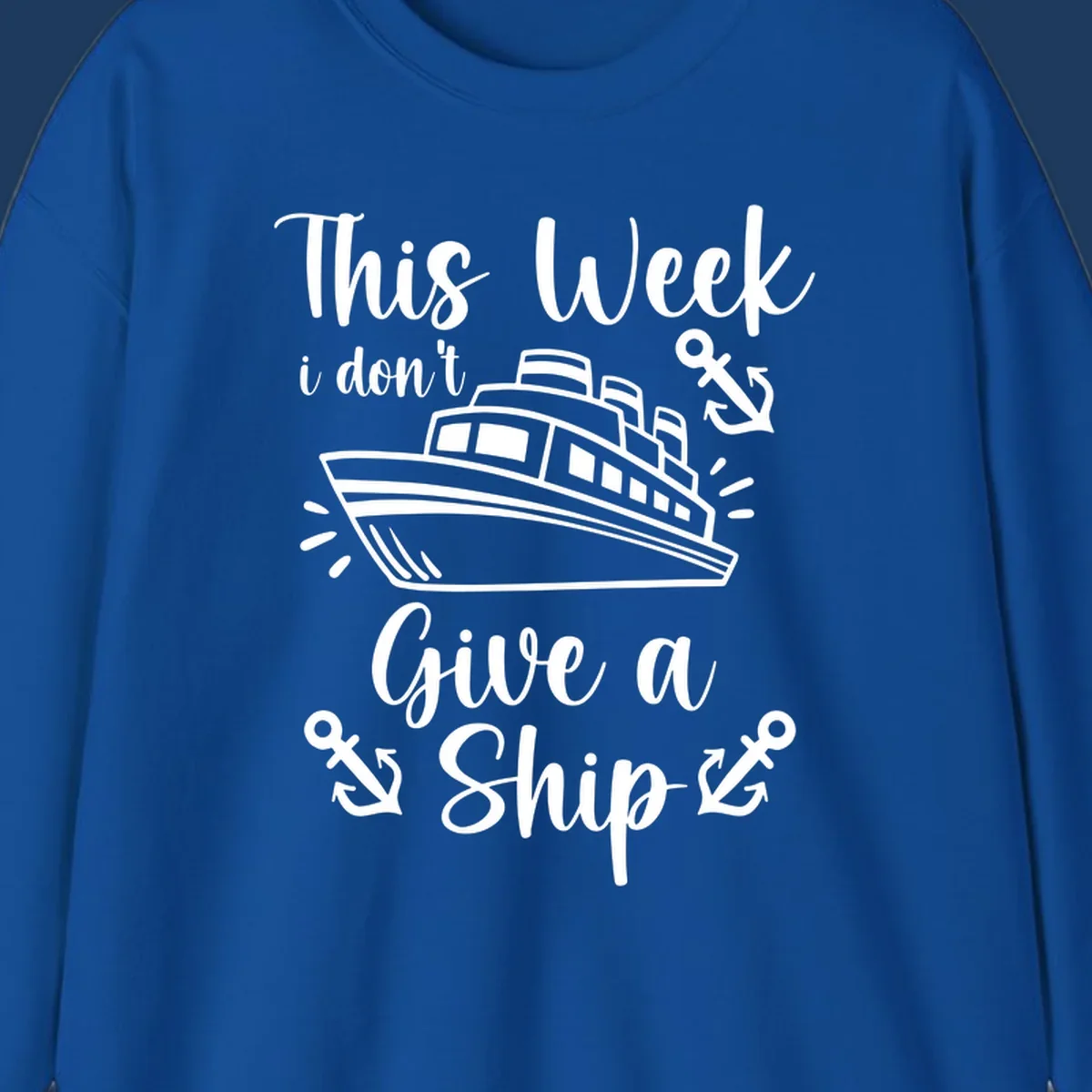 Gray and white nautical design with cruise ship and anchors, text reads 'This Week i don't Give a Ship' - don't give a ship cruise pun tee