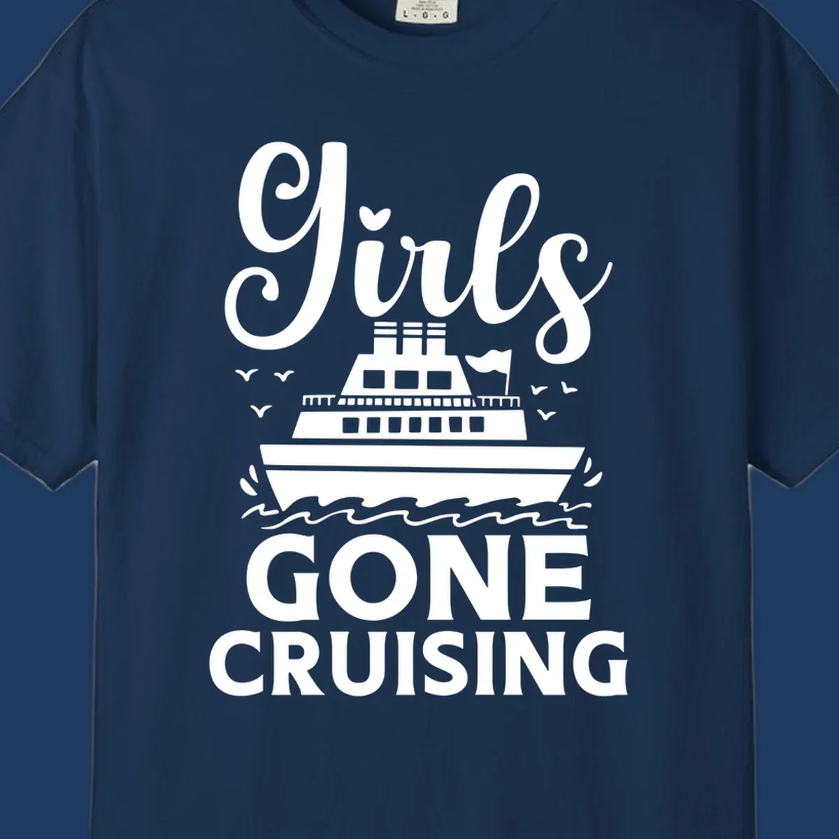 Cruise ship illustration with 'Ship All Gone Cruising' text and ocean waves design