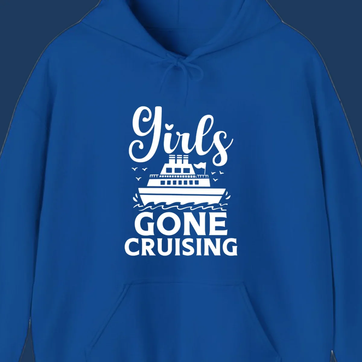 Cruise ship illustration with 'Ship All Gone Cruising' text and ocean waves design