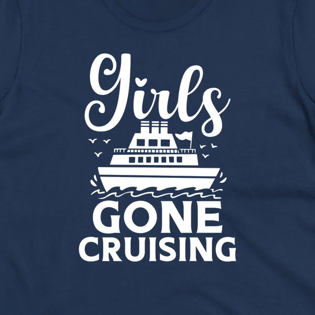 Cruise ship illustration with 'Ship All Gone Cruising' text and ocean waves design