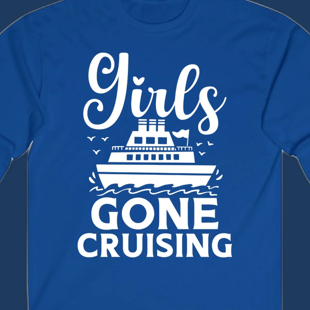 Cruise ship illustration with 'Ship All Gone Cruising' text and ocean waves design