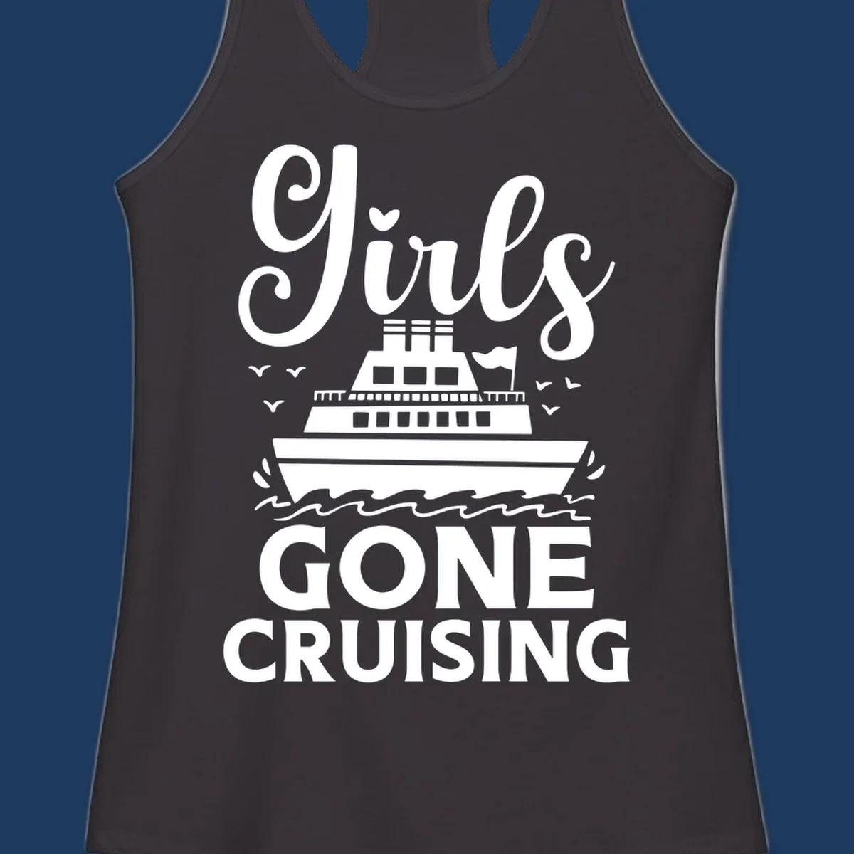 Cruise ship illustration with 'Ship All Gone Cruising' text and ocean waves design