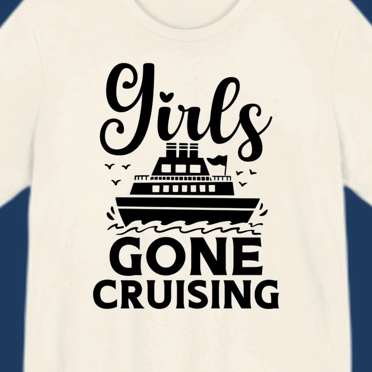 Cruise ship illustration with 'Ship All Gone Cruising' text and ocean waves design