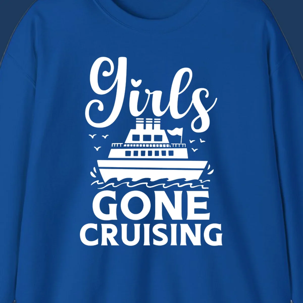 Cruise ship illustration with 'Ship All Gone Cruising' text and ocean waves design