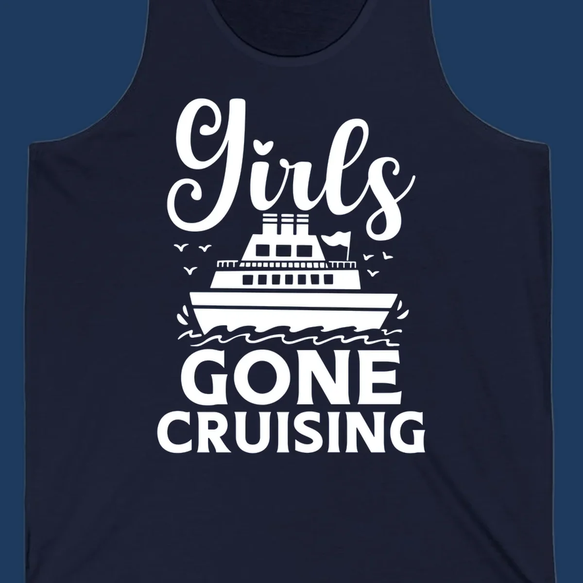 Cruise ship illustration with 'Ship All Gone Cruising' text and ocean waves design