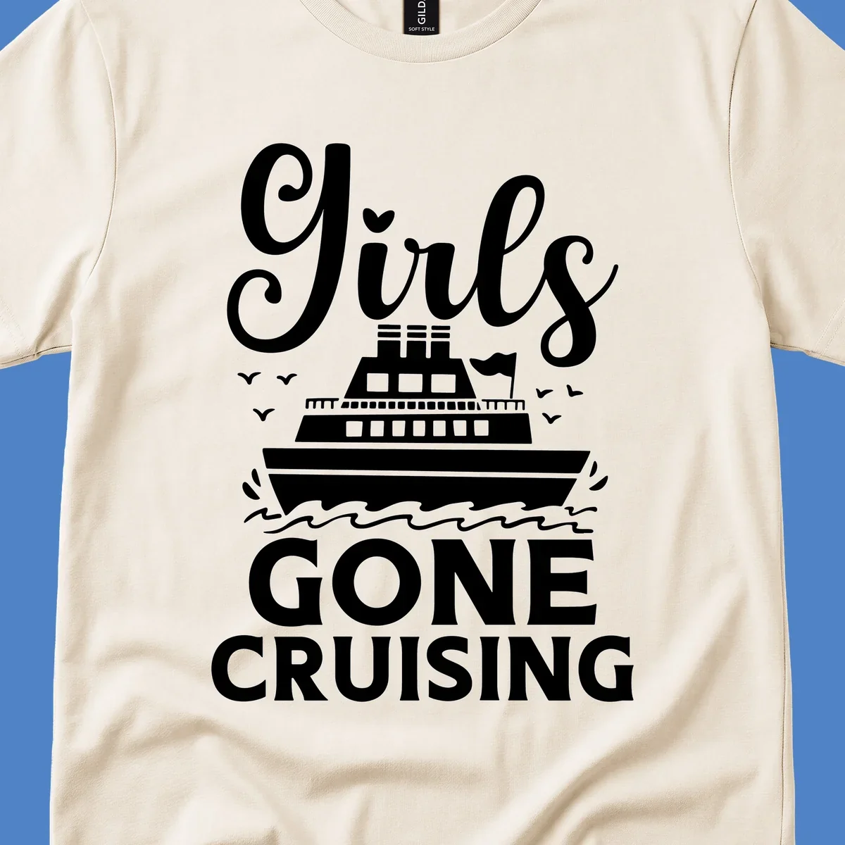 Cruise ship illustration with 'Ship All Gone Cruising' text and ocean waves design