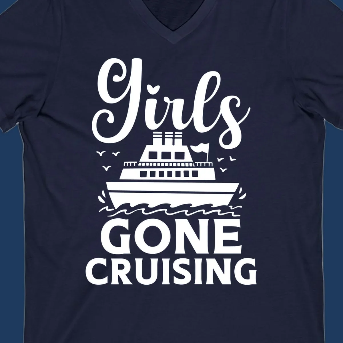 Cruise ship illustration with 'Ship All Gone Cruising' text and ocean waves design
