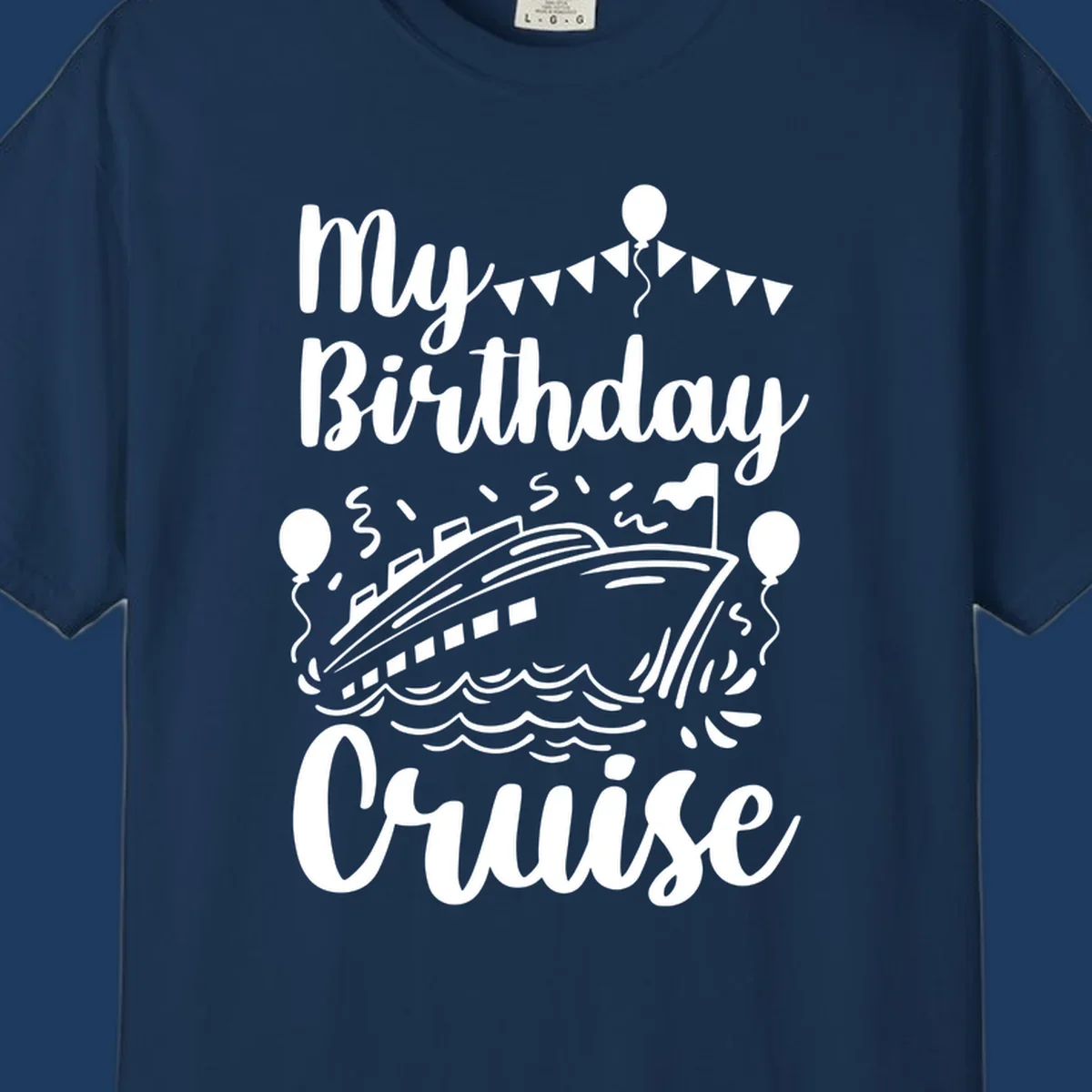 Birthday cruise celebration design with cruise ship, ocean waves, bunting flags, balloons, and party hat figure with 'My Birthday Cruise' text