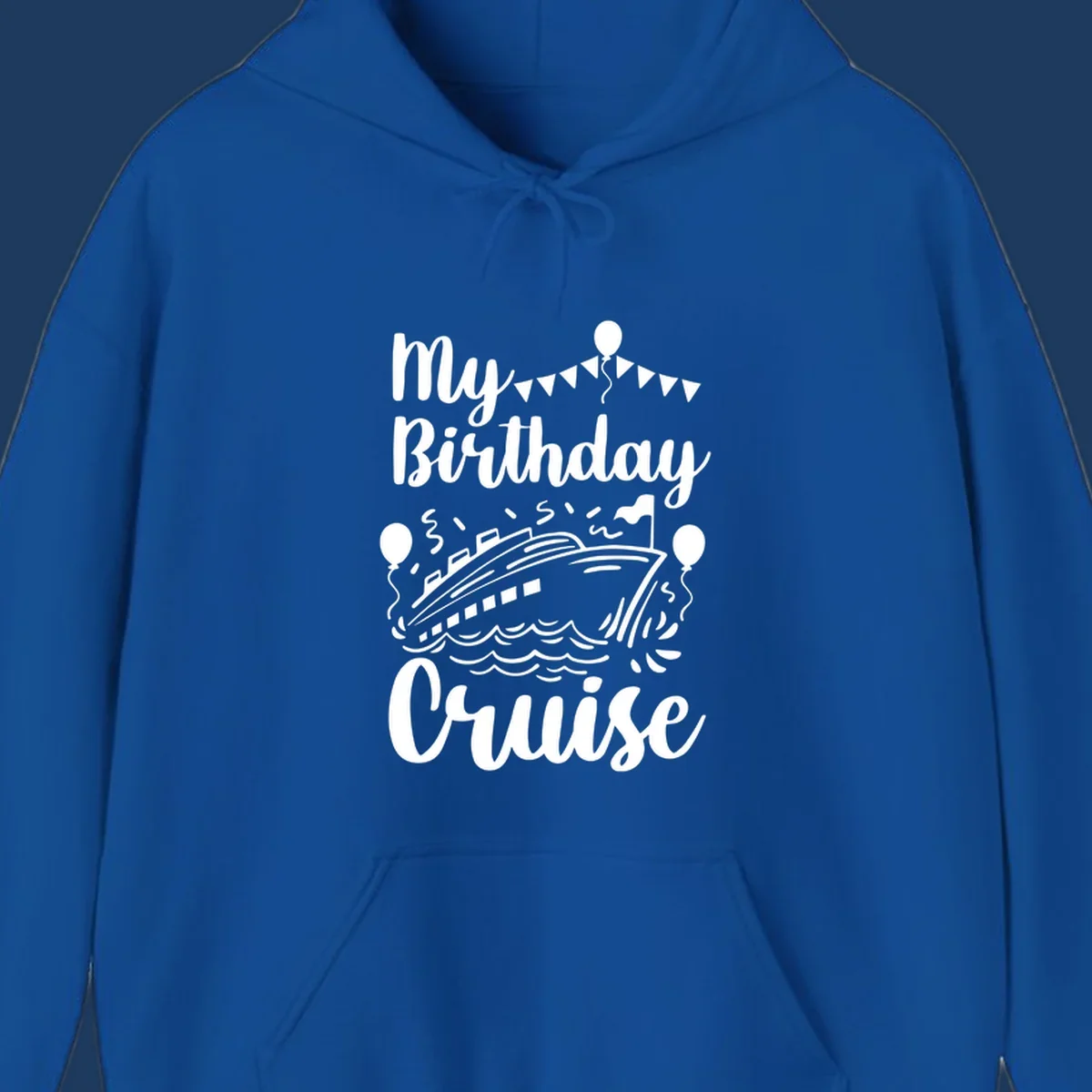 Birthday cruise celebration design with cruise ship, ocean waves, bunting flags, balloons, and party hat figure with 'My Birthday Cruise' text