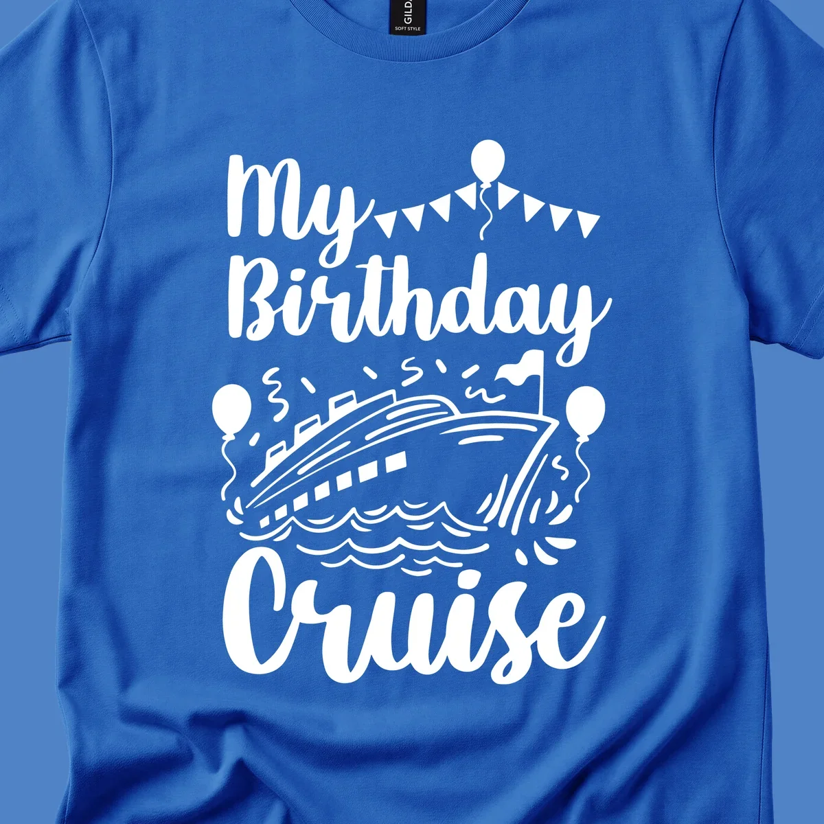 Birthday cruise celebration design with cruise ship, ocean waves, bunting flags, balloons, and party hat figure with 'My Birthday Cruise' text