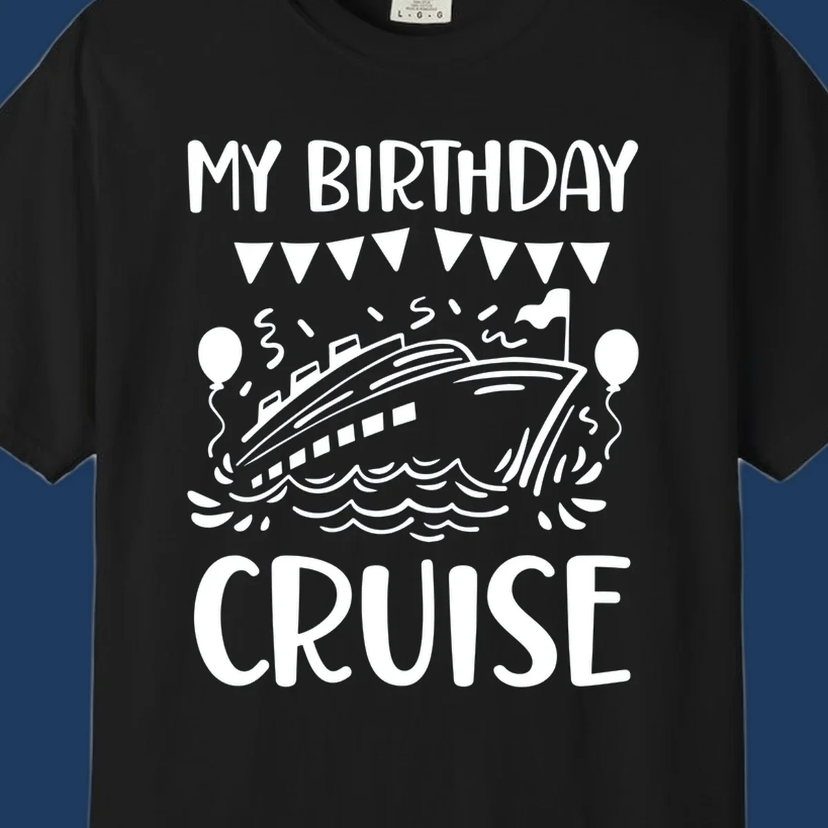 Illustration of a cruise ship with celebratory bunting, balloons, and waves with 'My Birthday Cruise' text