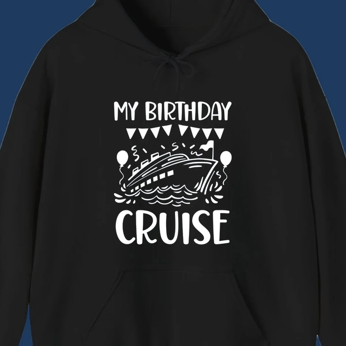 Illustration of a cruise ship with celebratory bunting, balloons, and waves with 'My Birthday Cruise' text