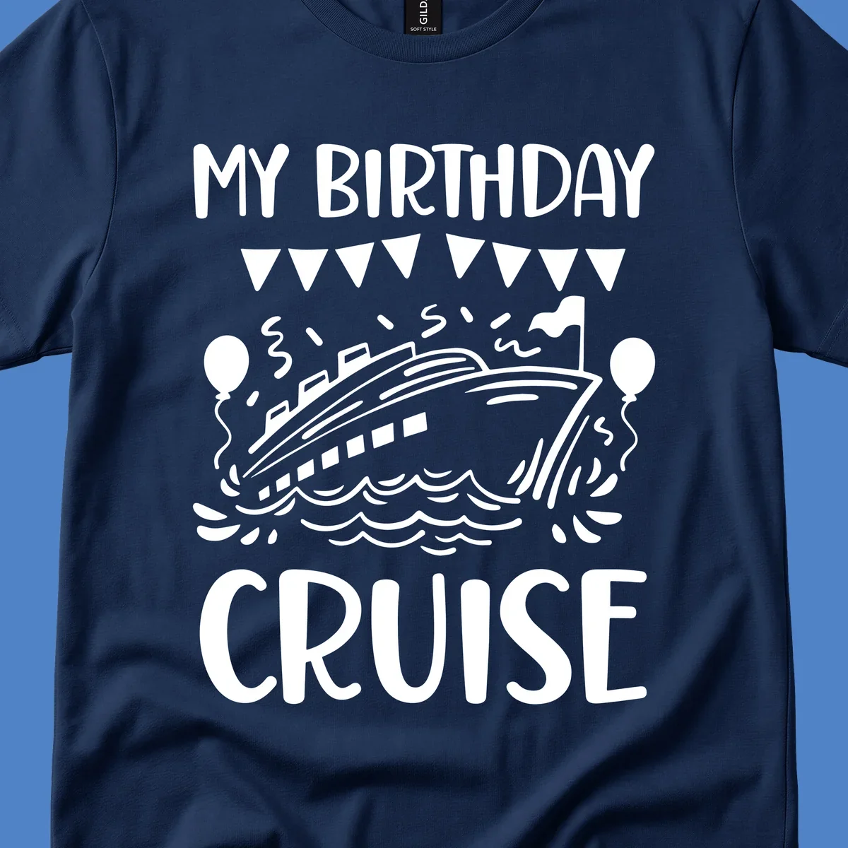 Illustration of a cruise ship with celebratory bunting, balloons, and waves with 'My Birthday Cruise' text