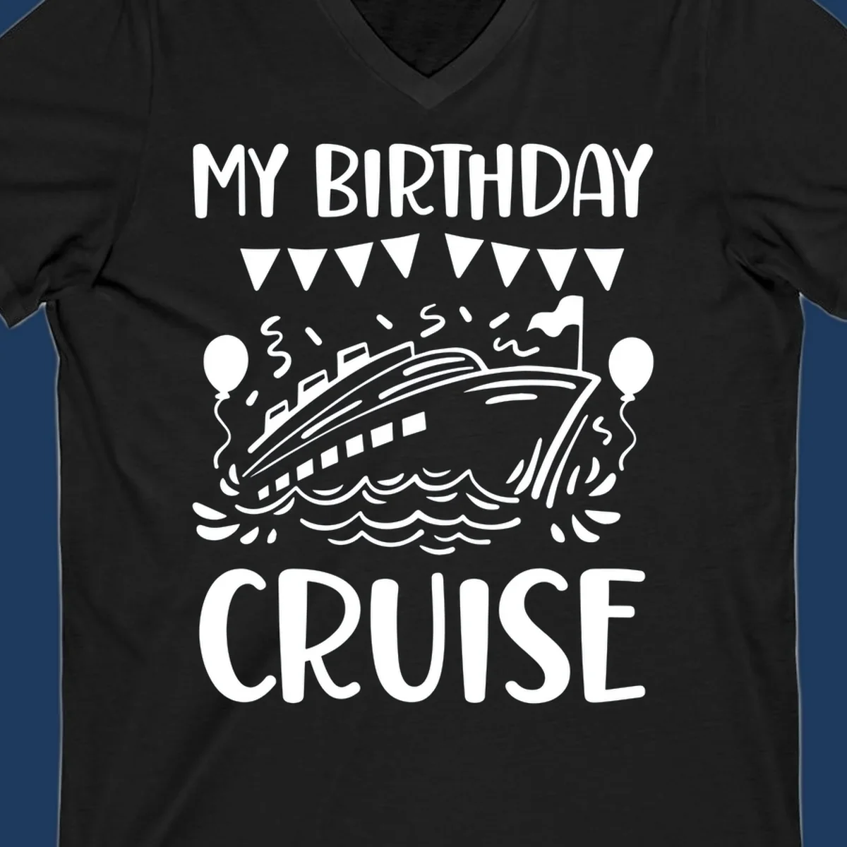Illustration of a cruise ship with celebratory bunting, balloons, and waves with 'My Birthday Cruise' text