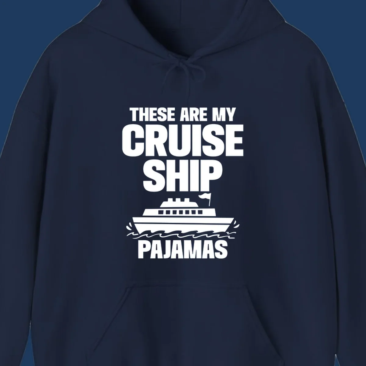Cruise ship pajamas design with bold text and illustrated ship with ocean waves on gray background