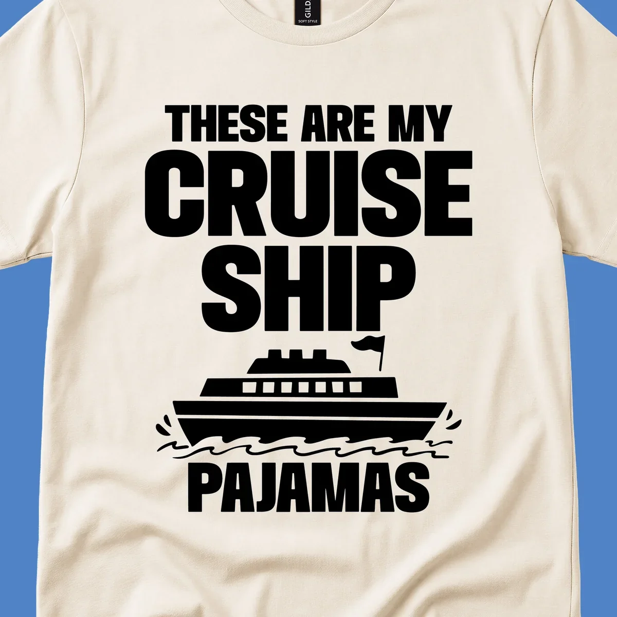 Cruise ship pajamas design with bold text and illustrated ship with ocean waves on gray background