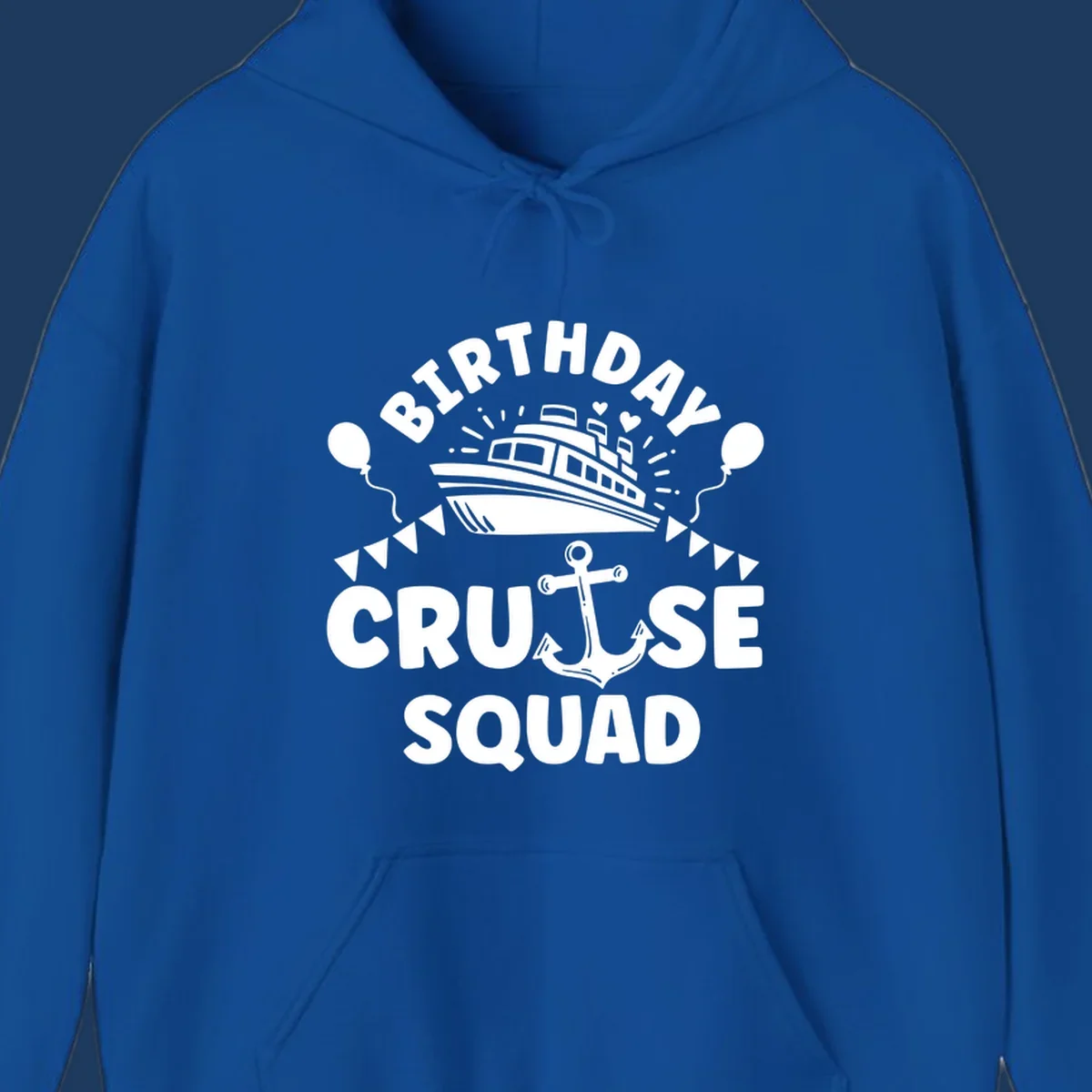 Birthday cruise squad design featuring a cruise ship, anchor, balloons, and bunting flags on gray background