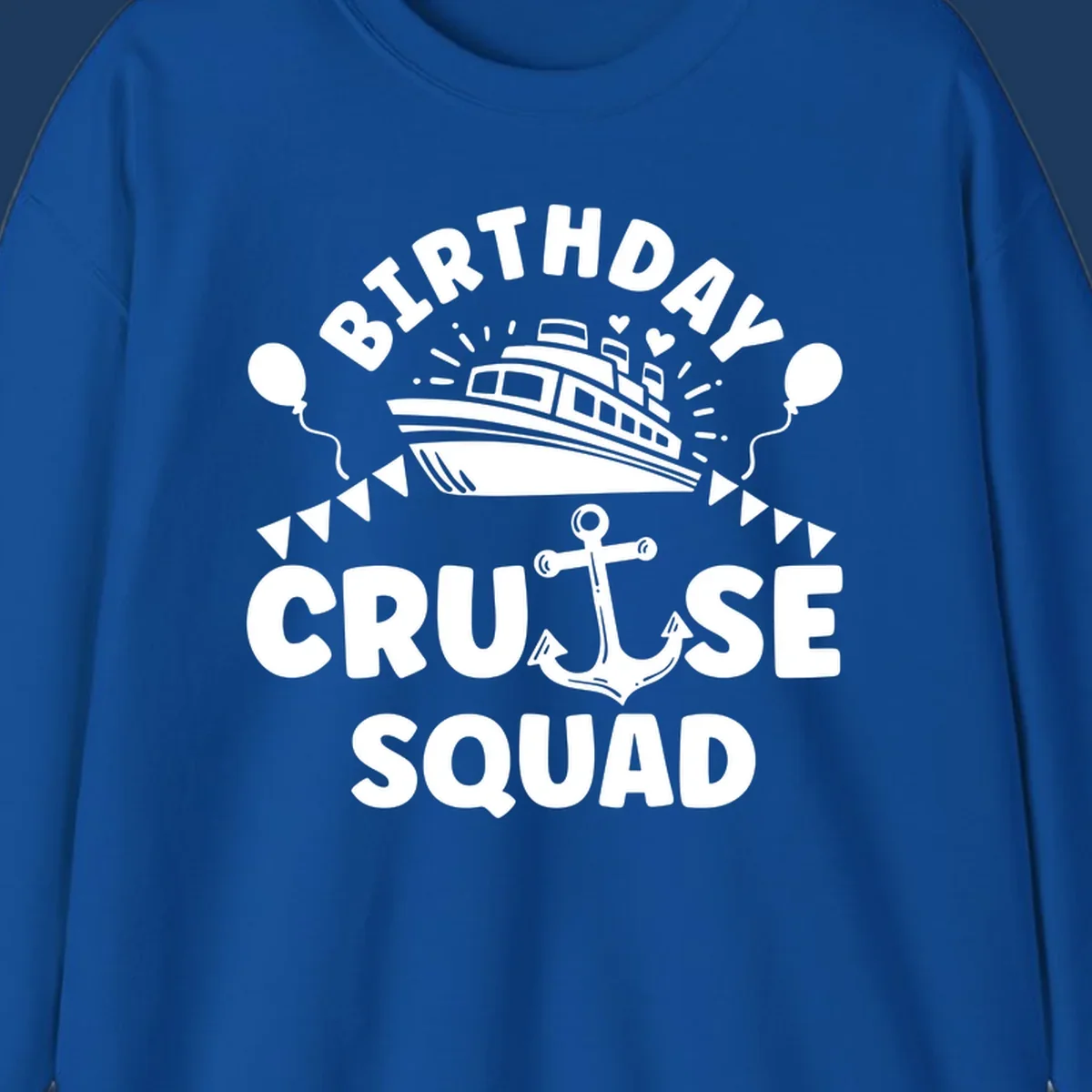 Birthday cruise squad design featuring a cruise ship, anchor, balloons, and bunting flags on gray background