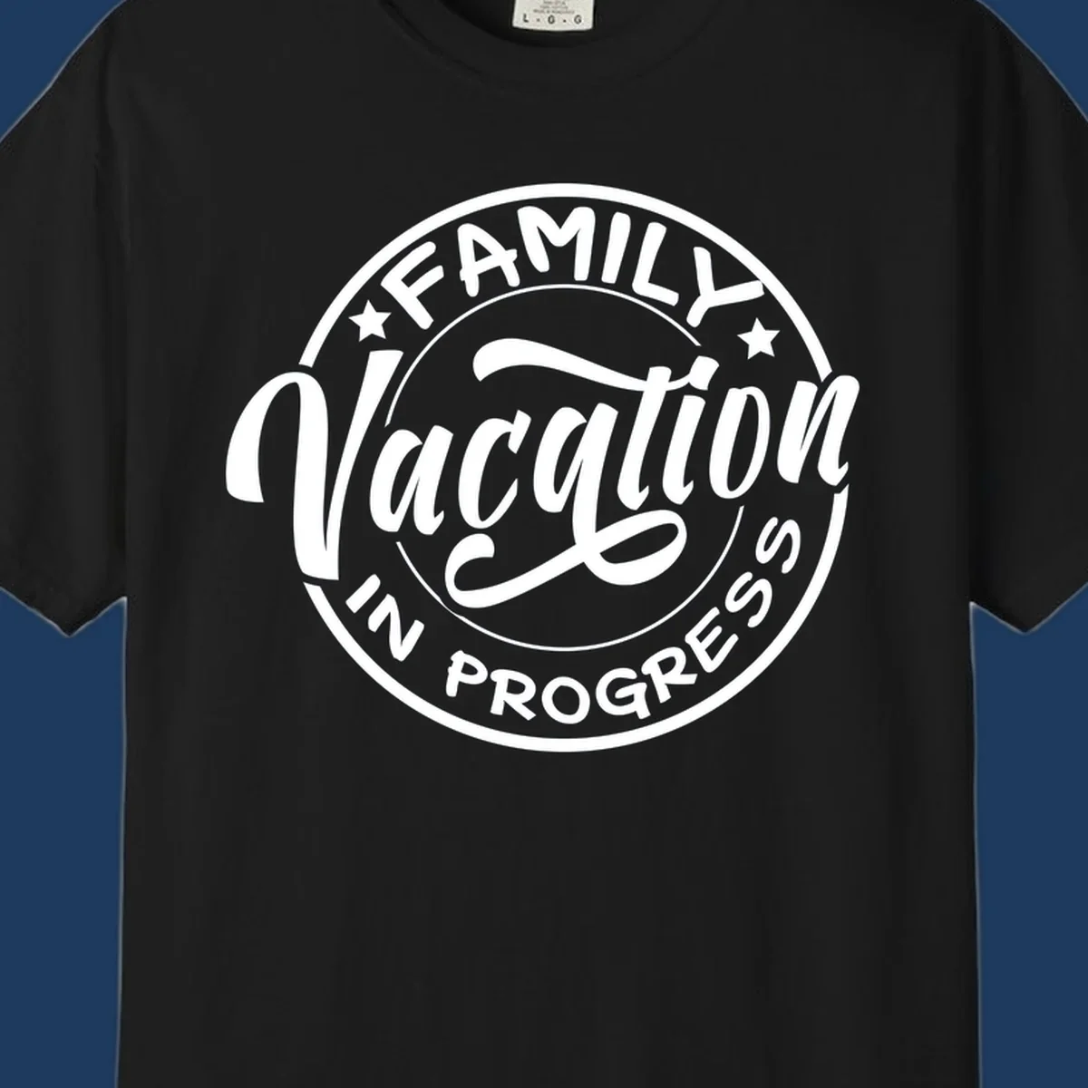 Vintage circular badge design with 'Family Vacation In Progress' text and decorative stars for cruise vacations
