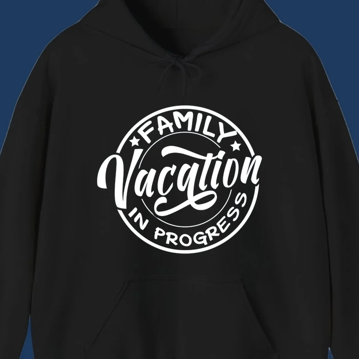 Vintage circular badge design with 'Family Vacation In Progress' text and decorative stars for cruise vacations