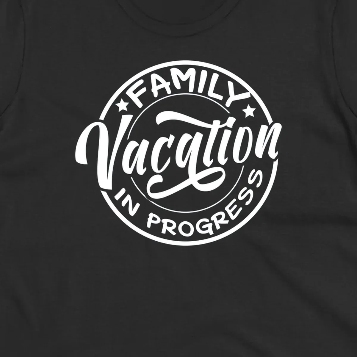 Vintage circular badge design with 'Family Vacation In Progress' text and decorative stars for cruise vacations
