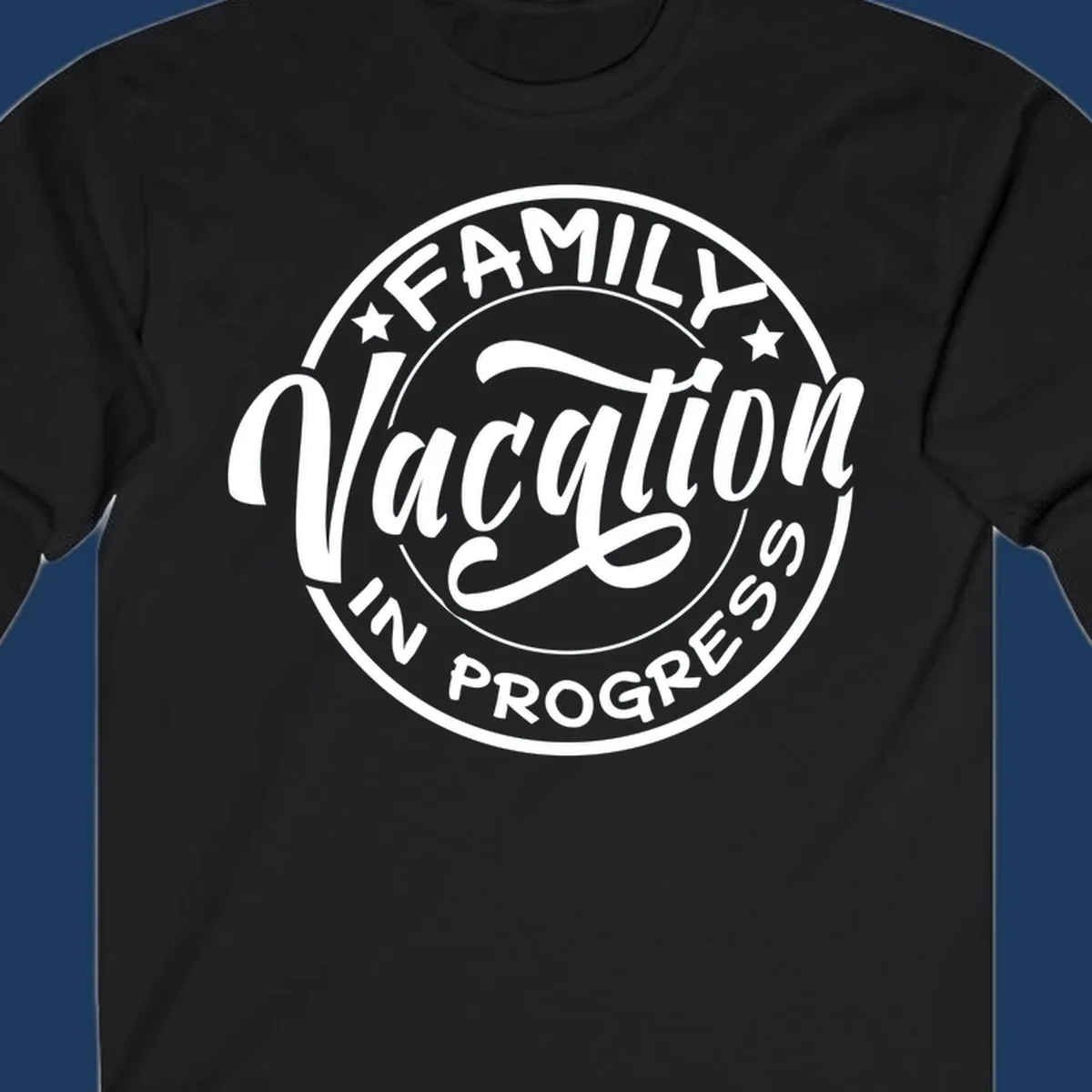 Vintage circular badge design with 'Family Vacation In Progress' text and decorative stars for cruise vacations