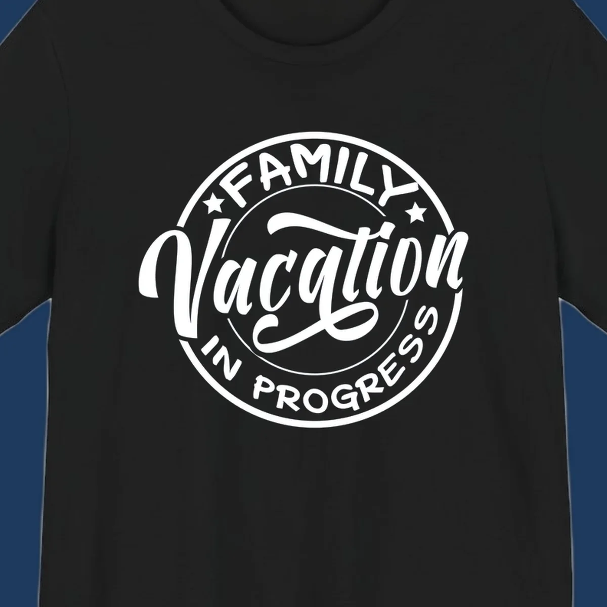 Vintage circular badge design with 'Family Vacation In Progress' text and decorative stars for cruise vacations