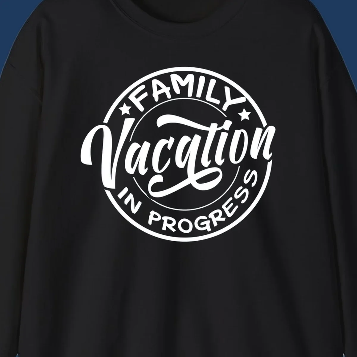 Vintage circular badge design with 'Family Vacation In Progress' text and decorative stars for cruise vacations