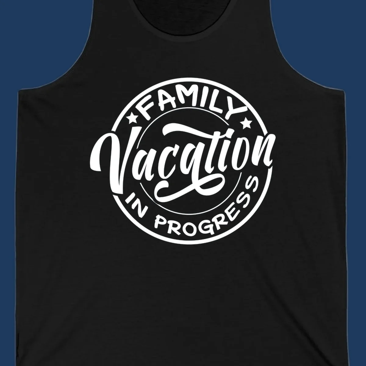 Vintage circular badge design with 'Family Vacation In Progress' text and decorative stars for cruise vacations