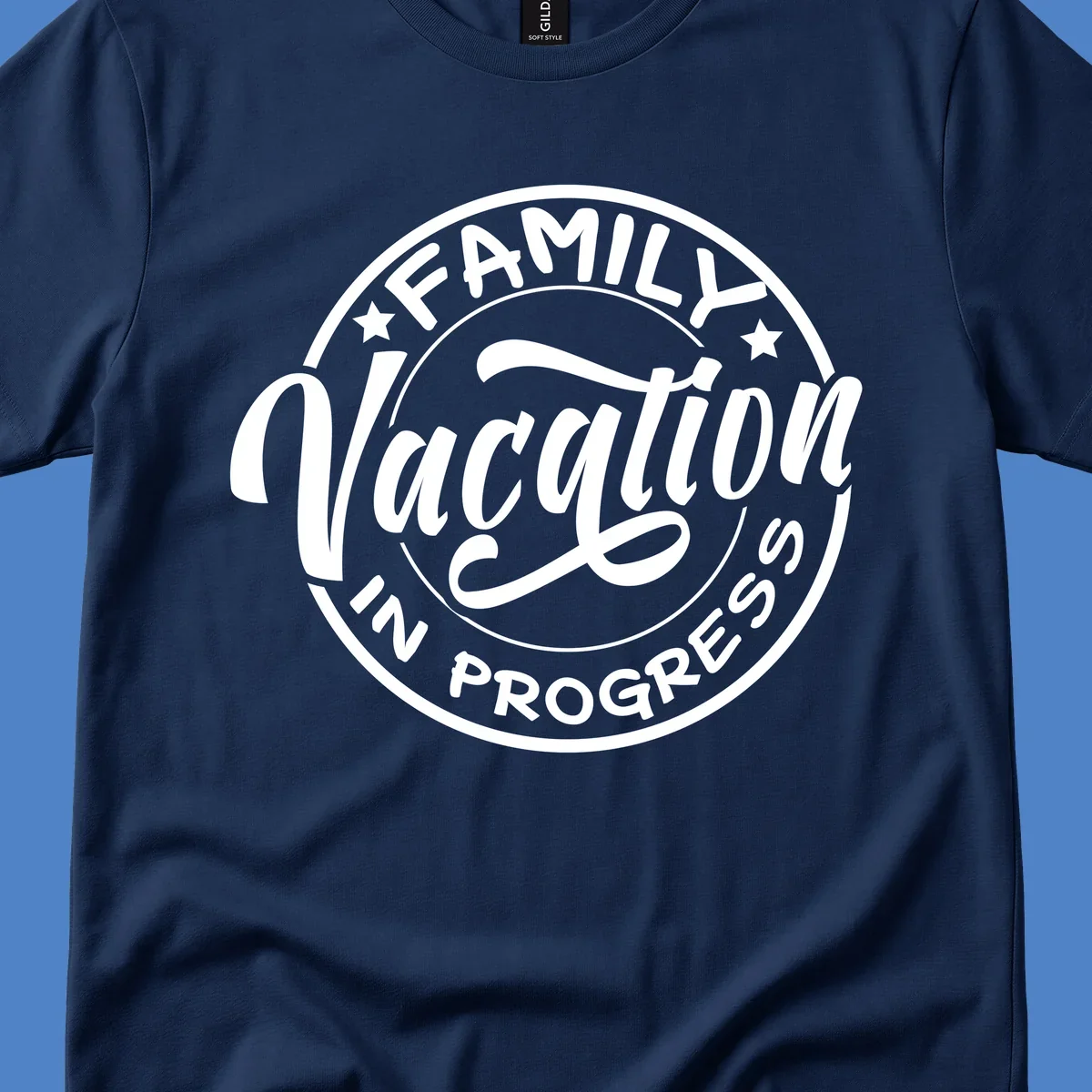 Vintage circular badge design with 'Family Vacation In Progress' text and decorative stars for cruise vacations