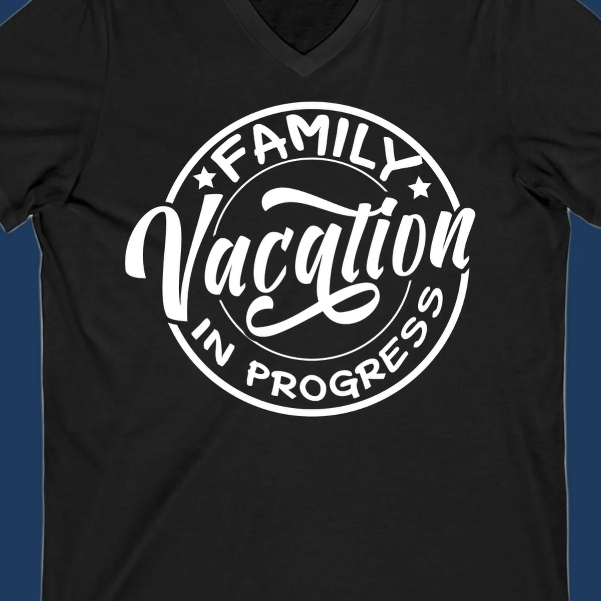 Vintage circular badge design with 'Family Vacation In Progress' text and decorative stars for cruise vacations