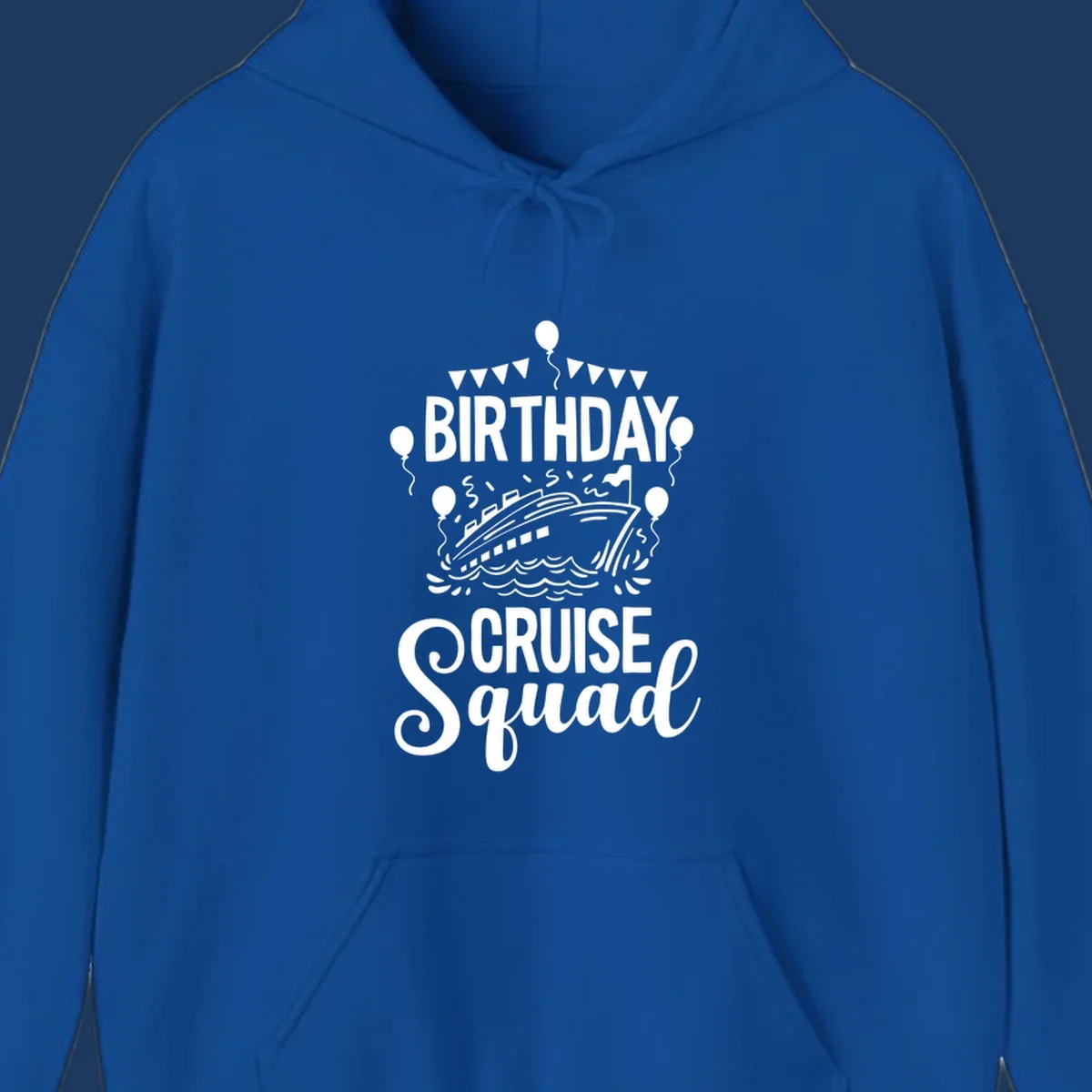 Birthday cruise squad design with cruise ship, balloons, waves, and bunting flags on gray background