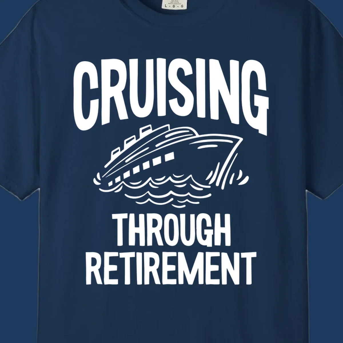 White cruise ship illustration with ocean waves and text reading 'Cruising Through Retirement' on gray background