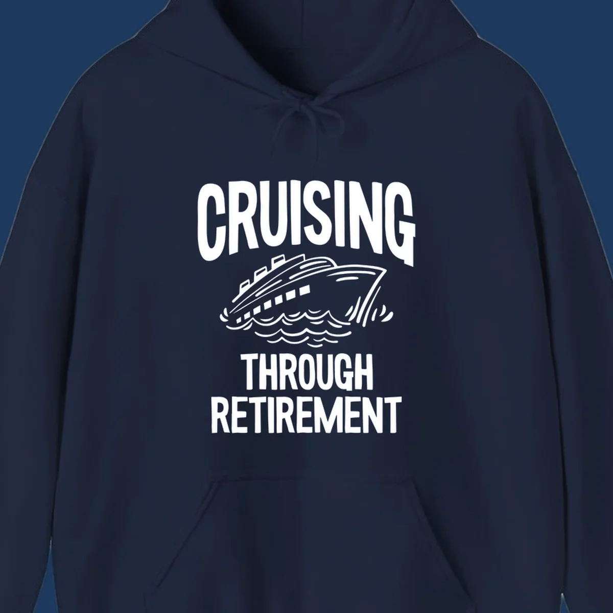 White cruise ship illustration with ocean waves and text reading 'Cruising Through Retirement' on gray background