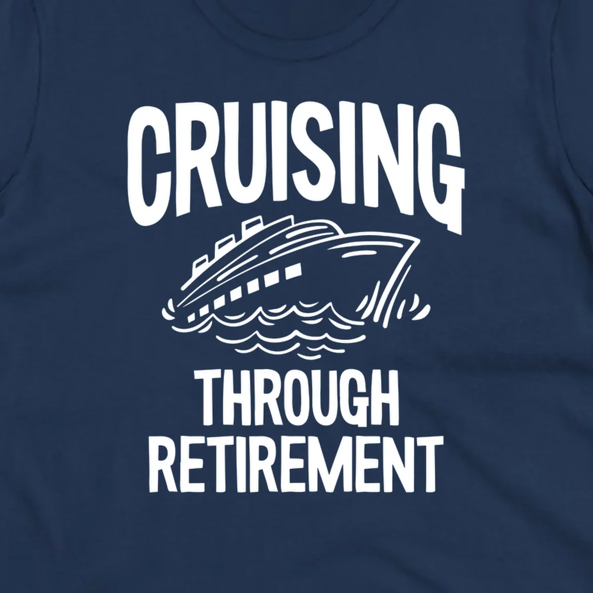 White cruise ship illustration with ocean waves and text reading 'Cruising Through Retirement' on gray background