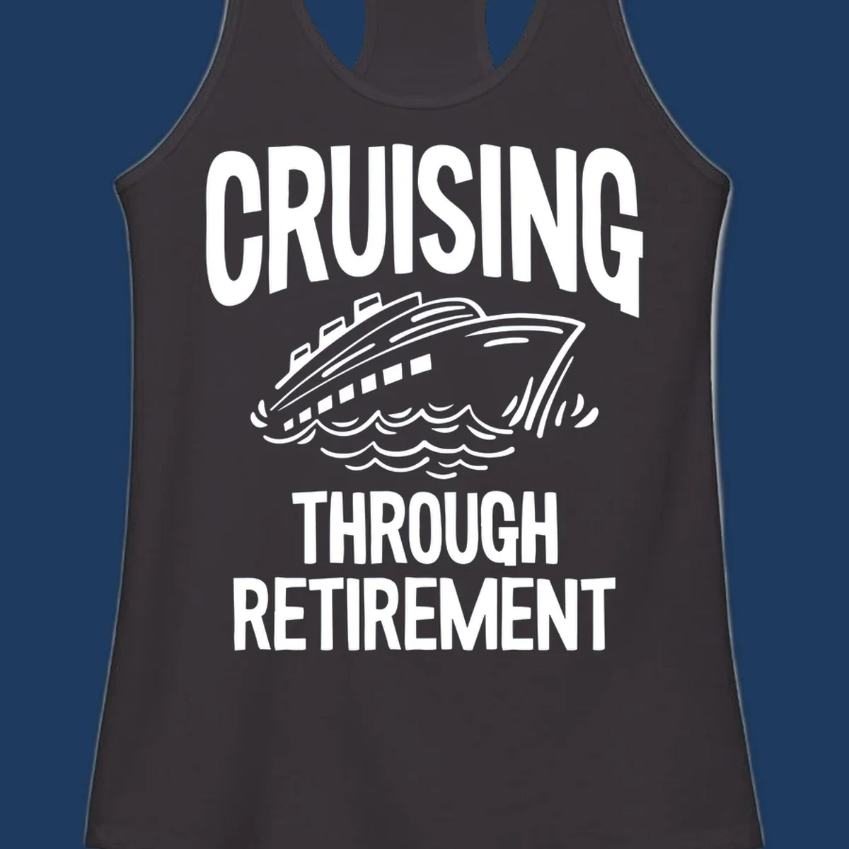 White cruise ship illustration with ocean waves and text reading 'Cruising Through Retirement' on gray background