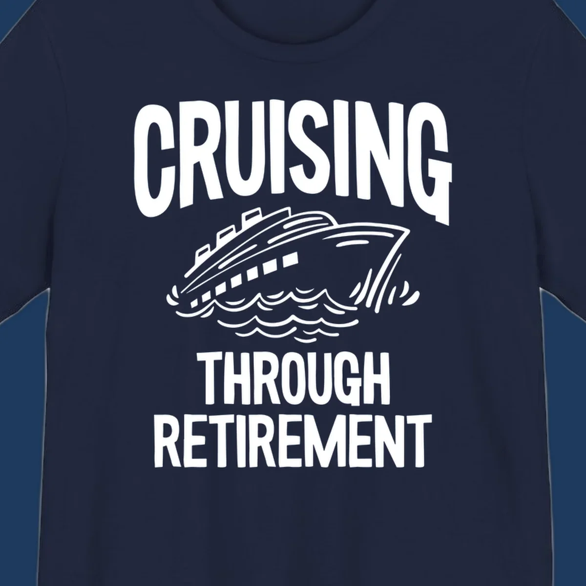 White cruise ship illustration with ocean waves and text reading 'Cruising Through Retirement' on gray background