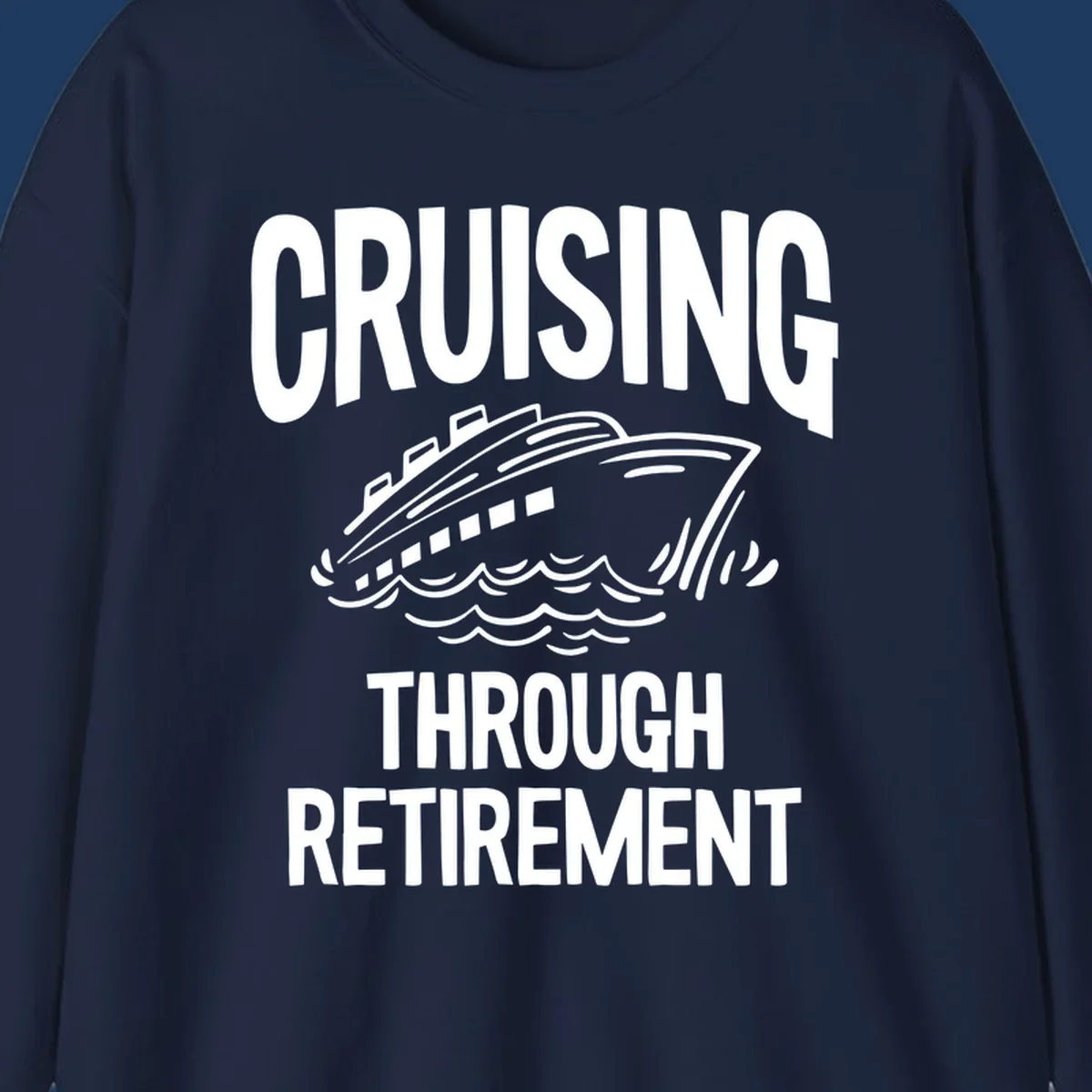 White cruise ship illustration with ocean waves and text reading 'Cruising Through Retirement' on gray background