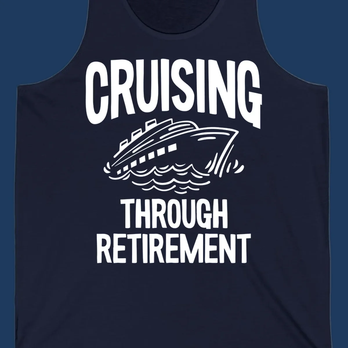 White cruise ship illustration with ocean waves and text reading 'Cruising Through Retirement' on gray background