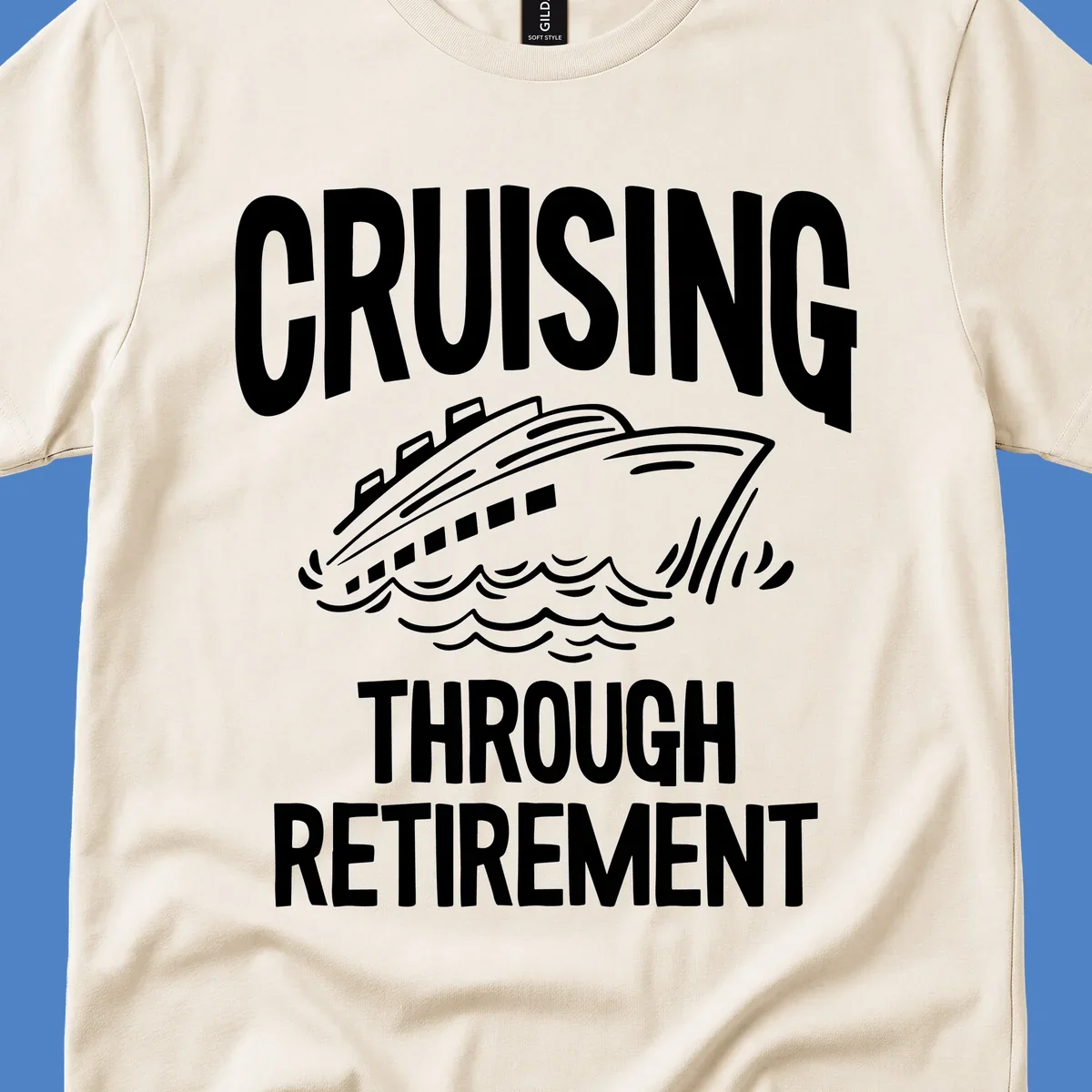 White cruise ship illustration with ocean waves and text reading 'Cruising Through Retirement' on gray background