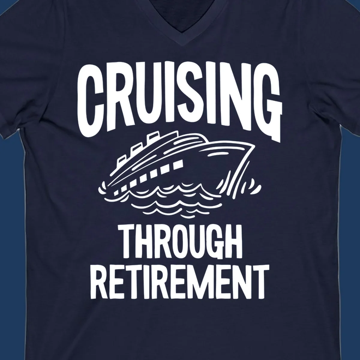White cruise ship illustration with ocean waves and text reading 'Cruising Through Retirement' on gray background
